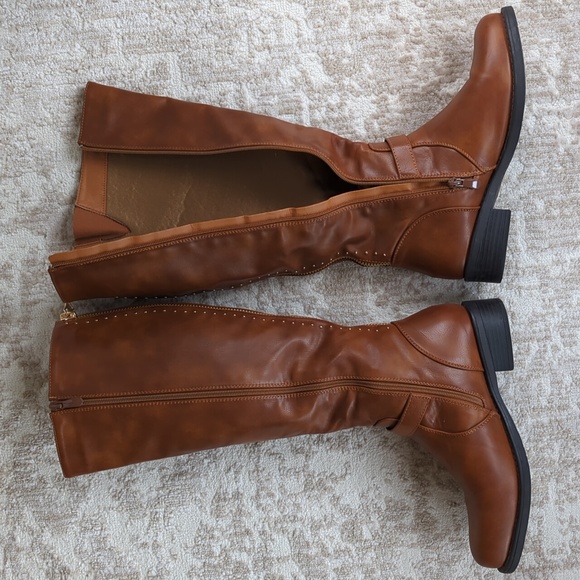 Dream Pairs Intruder-3 Stud Embellished Heeled Tall Boots 9.5 Brown Full Zipper - Picture 14 of 16